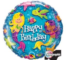 Холограмен фолиен балон с надпис Happy Birthday и русалки  18"- 45 см.