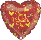 Сърце със златни сърчица и надпис  Happy Valentine's Day  18"- 45 см.