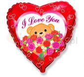 Сърце фолио с I Love You, рози и мече 18"- 45 см.